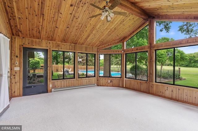10425 Quaker Ln N, Maple Grove, MN 55369 - unfurnished sunroom featuring a baseboard heating unit, lofted ceiling, and ceiling fan