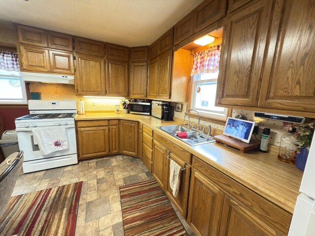 107 3rd Ave, Bellingham, MN 56212 - kitchen with gas range gas stove, a sink, under cabinet range hood, stainless steel microwave, and light countertops