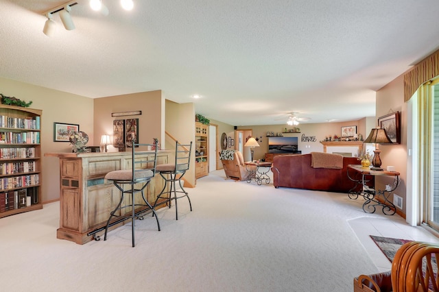 2301 170th Ln NW, Andover, MN 55304 - living room featuring light carpet, ceiling fan, a textured ceiling, and rail lighting