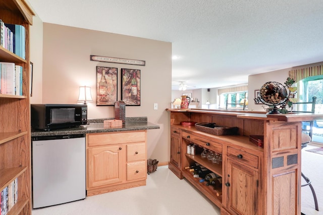 2301 170th Ln NW, Andover, MN 55304 - kitchen with black microwave, plenty of natural light, refrigerator, light brown cabinets, and a textured ceiling