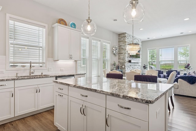 8094 Arrowwood Ln N, Maple Grove, MN 55369 - kitchen with a sink, wood finished floors, healthy amount of natural light, open floor plan, and recessed lighting