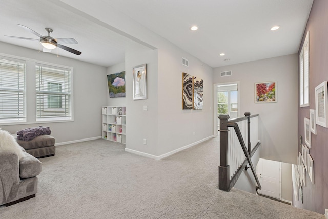 8094 Arrowwood Ln N, Maple Grove, MN 55369 - sitting room featuring an upstairs landing, carpet, baseboards, recessed lighting, and ceiling fan