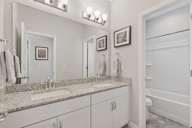 8094 Arrowwood Ln N, Maple Grove, MN 55369 - full bath with marble finish flooring, double vanity, toilet, and shower / bath combination