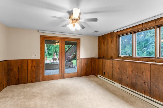 674 Mound Ave, Shoreview, MN 55126 - carpeted spare room with wooden walls, a baseboard radiator, wainscoting, plenty of natural light, and a ceiling fan