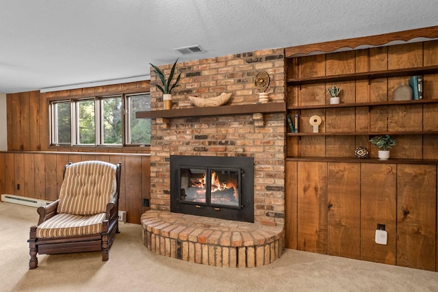 674 Mound Ave, Shoreview, MN 55126 - sitting room with carpet floors, wood walls, a baseboard heating unit, a fireplace, and a textured ceiling