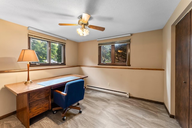 674 Mound Ave, Shoreview, MN 55126 - home office featuring a baseboard radiator, plenty of natural light, ceiling fan, and a textured ceiling