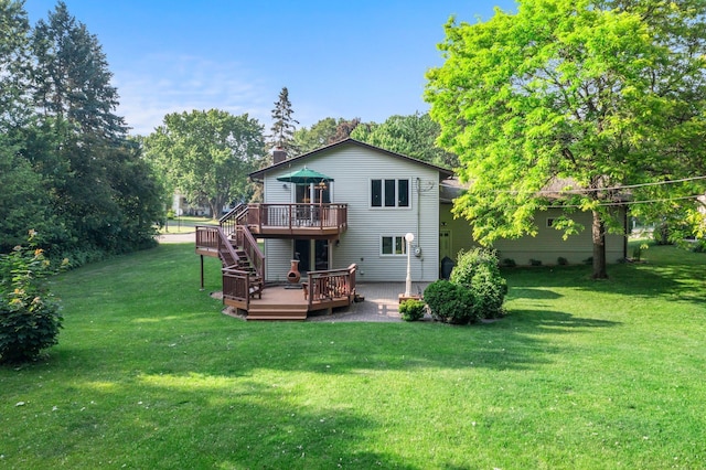 674 Mound Ave, Shoreview, MN 55126 - rear view of house featuring a deck, stairs, a lawn, and a patio