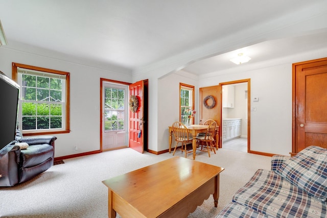 3243 Cleveland St NE, Minneapolis, MN 55418 - living room with baseboards, light carpet, and arched walkways