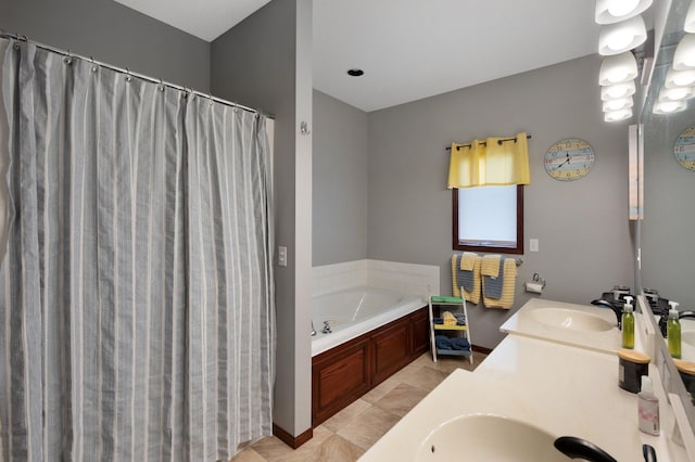 145 Bluebird Ln, Clearwater, MN 55320 - full bath featuring a bath, double vanity, and a shower with shower curtain