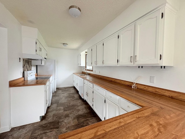 9705 99th Ave N, Maple Grove, MN 55369 - kitchen with butcher block countertops, white range with electric cooktop, white cabinetry, and a textured ceiling