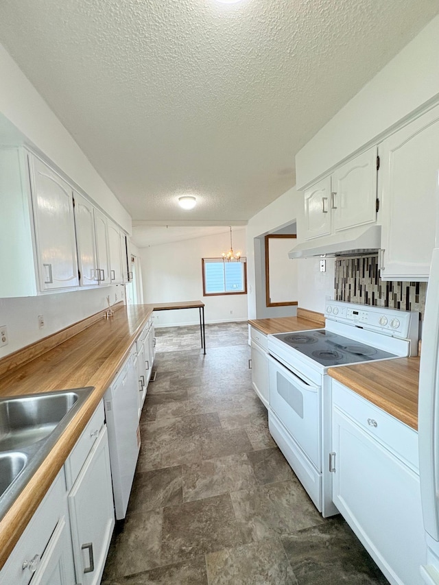 9705 99th Ave N, Maple Grove, MN 55369 - kitchen featuring white appliances, under cabinet range hood, white cabinetry, a textured ceiling, and a chandelier