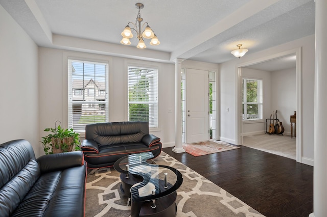 18301 100th Ave N, Osseo, MN 55311 - living room featuring decorative columns, wood finished floors, a chandelier, and baseboards