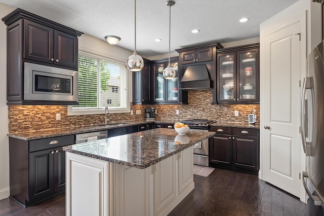 18301 100th Ave N, Osseo, MN 55311 - kitchen featuring appliances with stainless steel finishes, custom exhaust hood, a sink, dark wood-style floors, and glass insert cabinets
