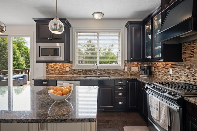 18301 100th Ave N, Osseo, MN 55311 - kitchen featuring a sink, stainless steel appliances, ventilation hood, dark wood finished floors, and backsplash