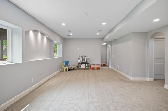 18301 100th Ave N, Maple Grove, MN 55311 - rec room featuring arched walkways, light colored carpet, and recessed lighting