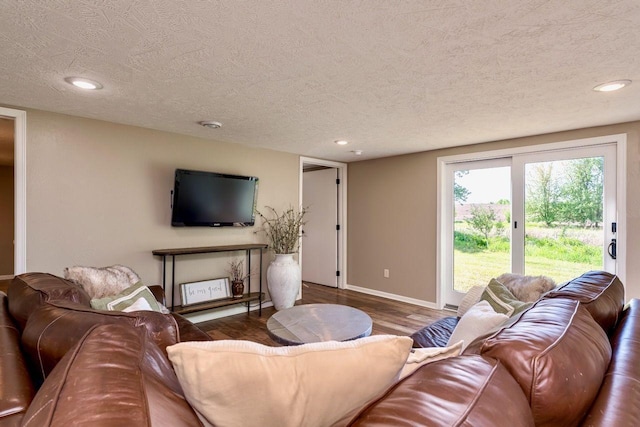24534 474th Ln, Elysian Twp, MN 56028 - living room featuring a textured ceiling, baseboards, wood finished floors, and recessed lighting