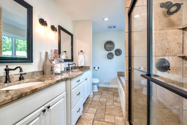 24534 474th Ln, Elysian Twp, MN 56028 - full bath featuring toilet, stone tile flooring, double vanity, a stall shower, and baseboards