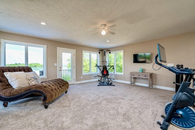 24534 474th Ln, Elysian Twp, MN 56028 - workout area with baseboards, a ceiling fan, carpet, and recessed lighting