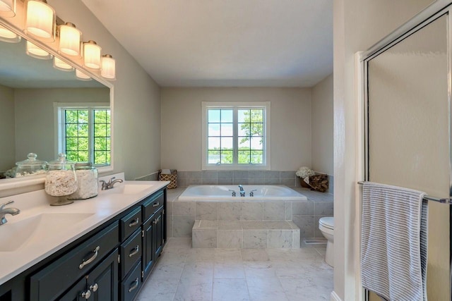 24534 474th Ln, Elysian Twp, MN 56028 - full bath with healthy amount of natural light, a bath, toilet, and double vanity