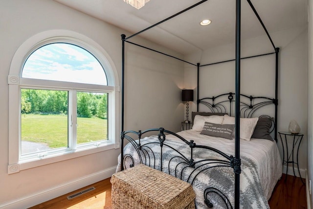 24534 474th Ln, Elysian Twp, MN 56028 - bedroom with baseboards, wood finished floors, and recessed lighting