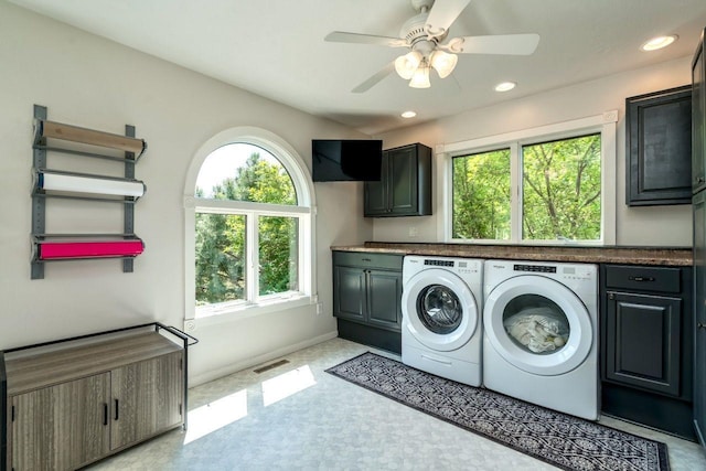 24534 474th Ln, Elysian Twp, MN 56028 - washroom with cabinet space, washer and clothes dryer, recessed lighting, ceiling fan, and baseboards