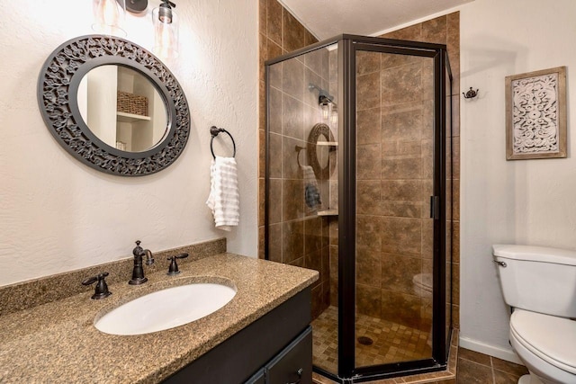 24534 474th Ln, Elysian Twp, MN 56028 - bathroom featuring toilet, vanity, a shower stall, and tile patterned flooring