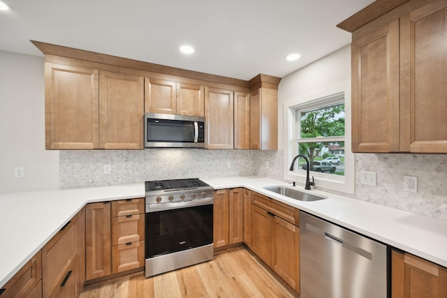 3936 Quail Ave N, Robbinsdale, MN 55422 - kitchen featuring stainless steel appliances, a sink, recessed lighting, light wood finished floors, and tasteful backsplash