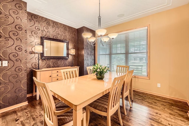 946 Wild Rose Ct, Eagan, MN 55123 - dining area featuring a chandelier, wood finished floors, and wallpapered walls
