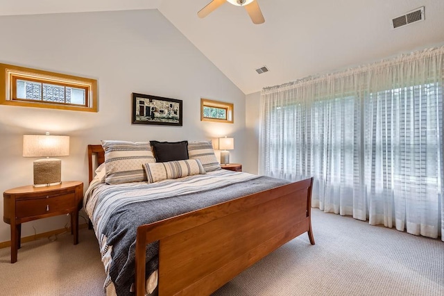 946 Wild Rose Ct, Eagan, MN 55123 - bedroom featuring light carpet, high vaulted ceiling, and a ceiling fan