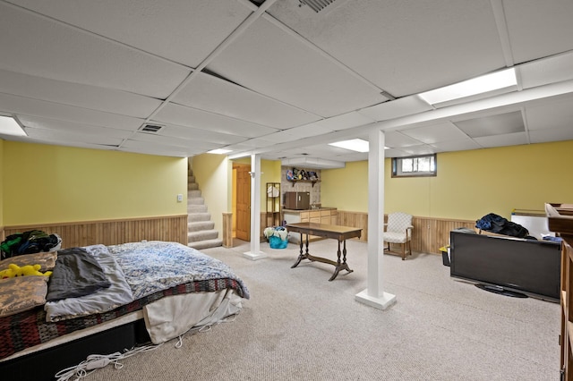 967 Stryker Ave W, Saint Paul, MN 55118 - bedroom with carpet flooring, wainscoting, a paneled ceiling, and wooden walls