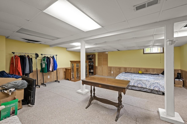 967 Stryker Ave W, Saint Paul, MN 55118 - game room featuring wainscoting, carpet flooring, a drop ceiling, and wooden walls
