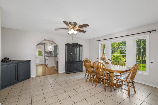 6198 210th Ave SE, Lake Lillian Twp, MN 56253 - dining space featuring a ceiling fan, arched walkways, light tile patterned flooring, and baseboards