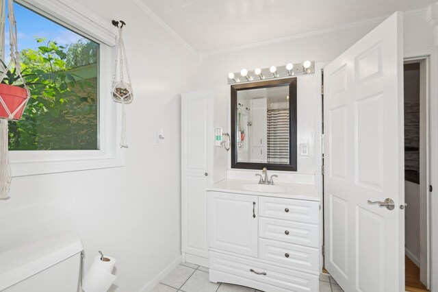6198 210th Ave SE, Lake Lillian Twp, MN 56253 - bathroom featuring tile patterned floors, vanity, toilet, and ornamental molding