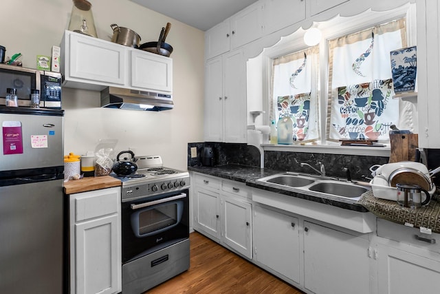 208 2nd St SW, Braham, MN 55006 - kitchen with appliances with stainless steel finishes, under cabinet range hood, a sink, and white cabinets