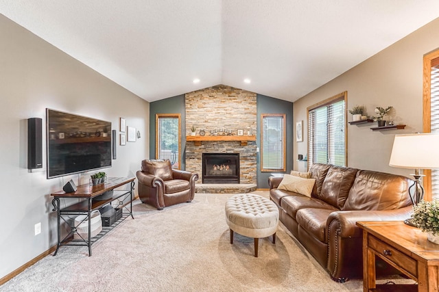 38 Jefferson Ct, Hastings, MN 55033 - living area with vaulted ceiling, carpet flooring, baseboards, and a fireplace