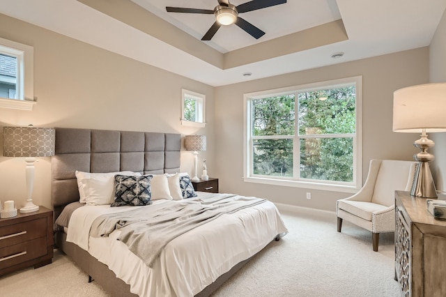 5054 Dale Ridge Rd, Woodbury, MN 55129 - bedroom with light colored carpet, baseboards, a raised ceiling, and a ceiling fan