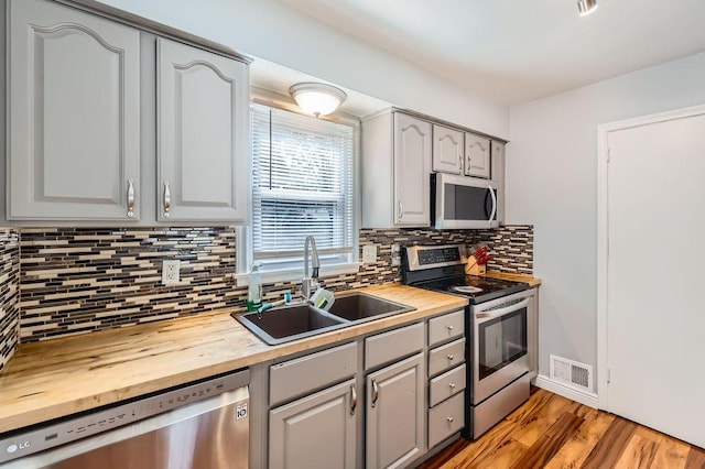 7724 Major Ave N, Brooklyn Park, MN 55443 - kitchen with stainless steel appliances, a sink, butcher block counters, and tasteful backsplash