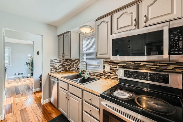 7724 Major Ave N, Brooklyn Park, MN 55443 - kitchen with appliances with stainless steel finishes, a sink, backsplash, light wood-type flooring, and baseboards