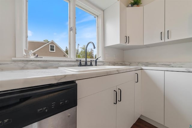 2508 Springvale Rd, Duluth, MN 55811 - kitchen with stainless steel dishwasher, a sink, and white cabinets