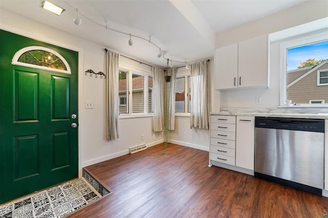 2508 Springvale Rd, Duluth, MN 55811 - kitchen featuring stainless steel dishwasher, dark wood finished floors, white cabinetry, baseboards, and plenty of natural light