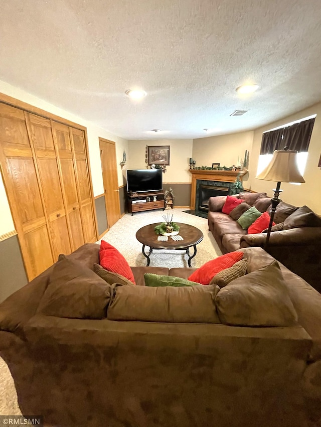 705 Turril St, Le Sueur, MN 56058 - carpeted living room with a textured ceiling and a fireplace with flush hearth