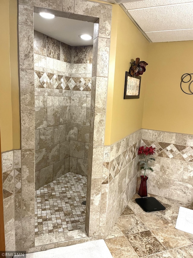 705 Turril St, Le Sueur, MN 56058 - full bath featuring tiled shower, a wainscoted wall, and tile walls