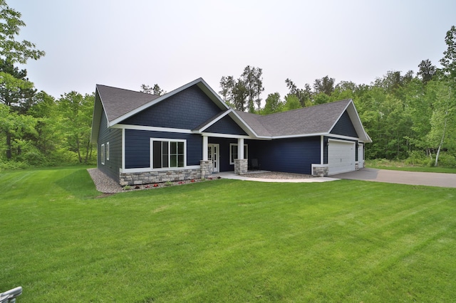 16460 Sanctuary Way, Brainerd, MN 56401 - craftsman-style home with a front yard, stone siding, a shingled roof, and concrete driveway
