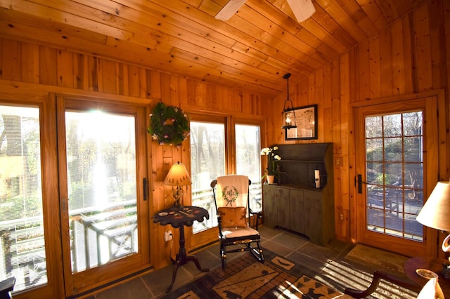 2645 Riverside Ln NE, Rochester, MN 55906 - sitting room with vaulted ceiling, healthy amount of natural light, wooden walls, wood ceiling, and ceiling fan