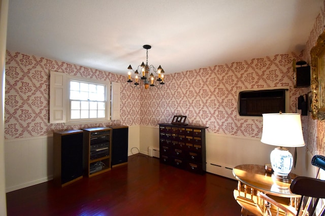 2645 Riverside Ln NE, Rochester, MN 55906 - living area featuring wallpapered walls, wainscoting, a chandelier, dark wood-type flooring, and a baseboard radiator