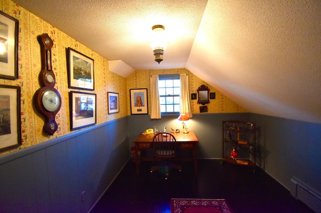 2645 Riverside Ln NE, Rochester, MN 55906 - office space featuring a textured ceiling, wallpapered walls, and lofted ceiling