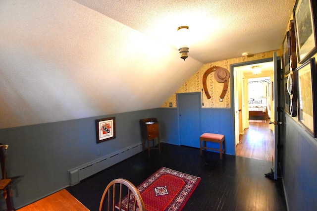 2645 Riverside Ln NE, Rochester, MN 55906 - additional living space with a baseboard heating unit, wood finished floors, a textured ceiling, a wainscoted wall, and vaulted ceiling