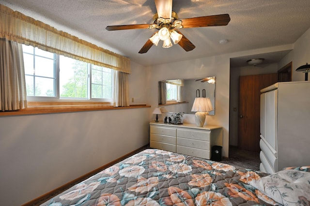 27681 Moser Dr, Jackson Twp, WI 54893 - carpeted bedroom with ceiling fan, baseboards, and a textured ceiling