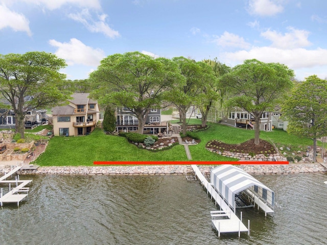 5035 Wren Rd, Mound, MN 55364 - dock featuring a water view and a lawn