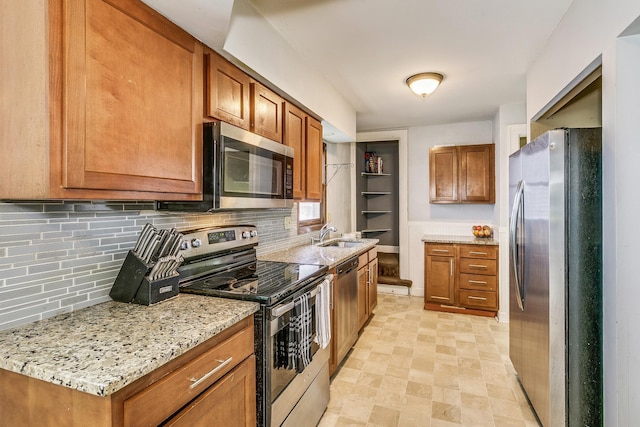 1167 Geranium Ave E, Saint Paul, MN 55106 - kitchen with stainless steel appliances, brown cabinetry, and tasteful backsplash